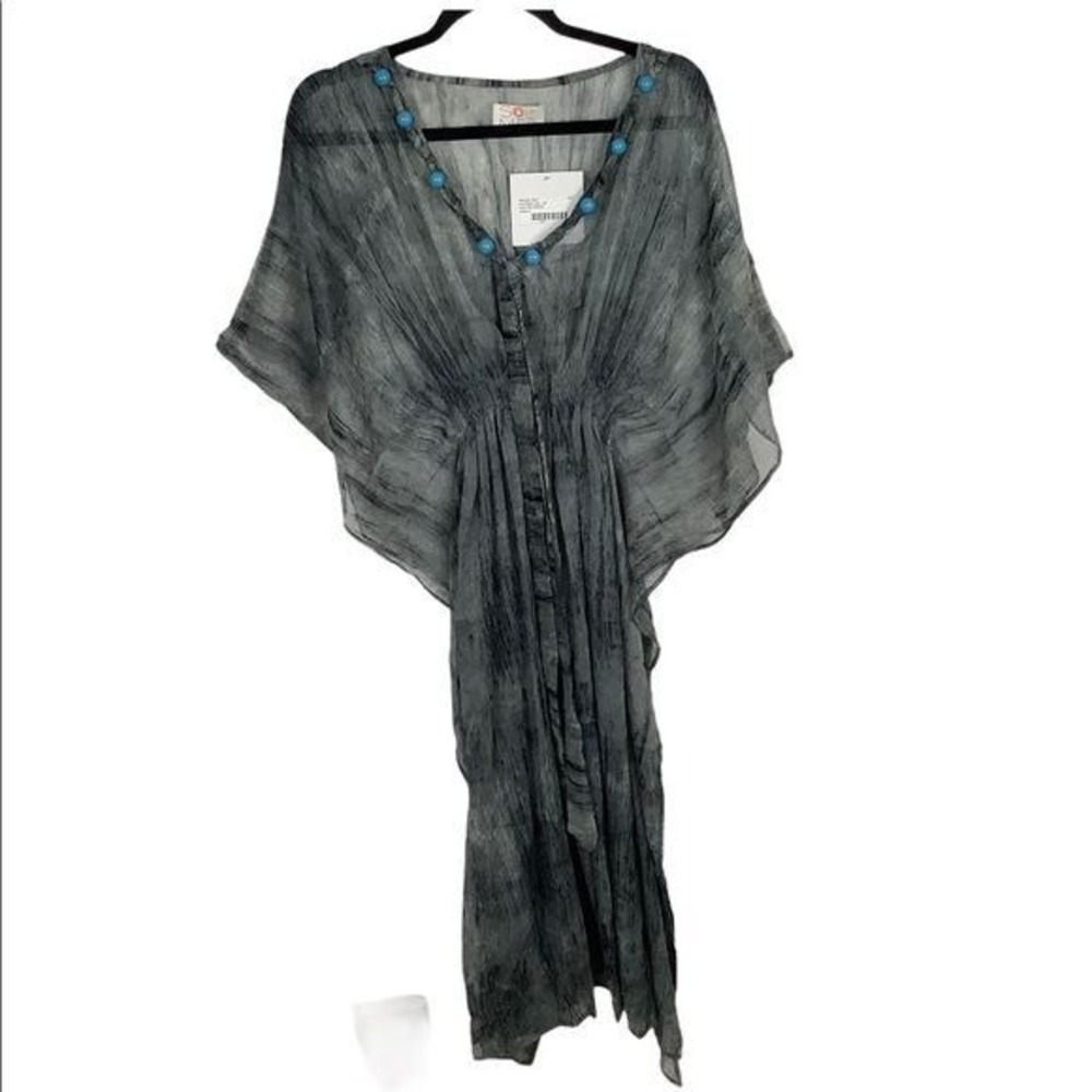 Sol & Mer Women Acid Wash Tunic Kaftan Coverup Grey Black Beaded V-Neck One Size